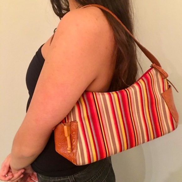 FOSSIL Multi Color Striped Shoulder Purse Baguette Bag Leather Accents and Key - Picture 2 of 11